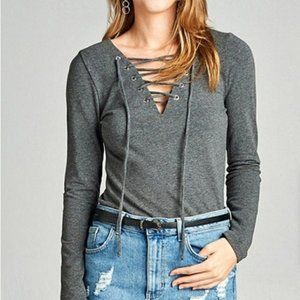 Gray Long Sleeve Lace-Up Top Sz S